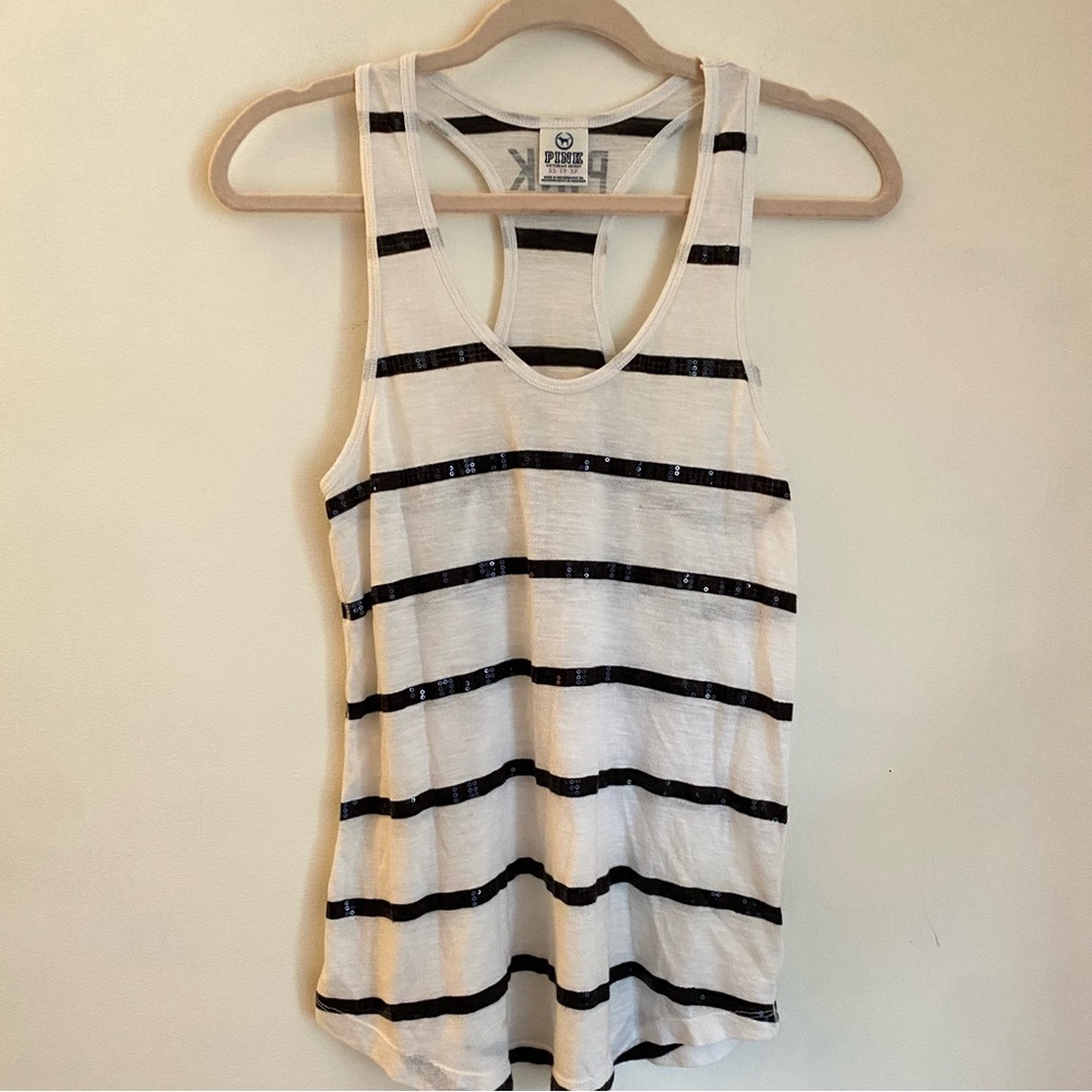 Victoria Secret Pink Black & White Striped Sequin Tank Top